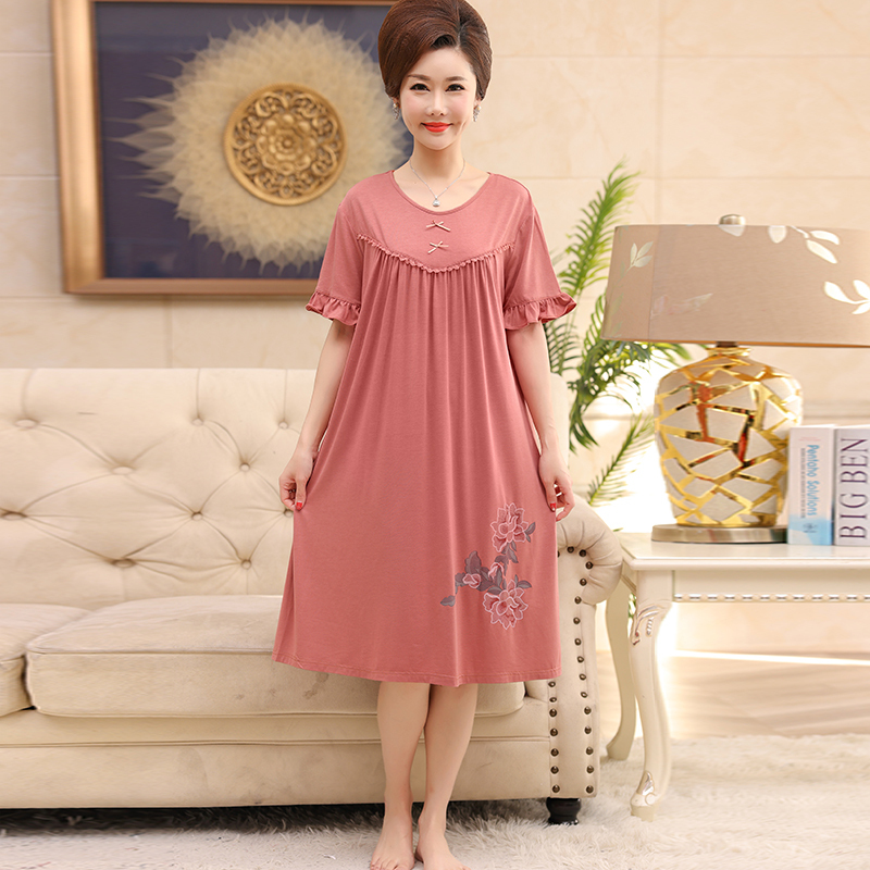 Summer Nightgown for Middle-Aged and Elderly Women, Large Size 100kg Modal Short-Sleeved Pajamas for 50-Year-Old Middle-Aged Mothers