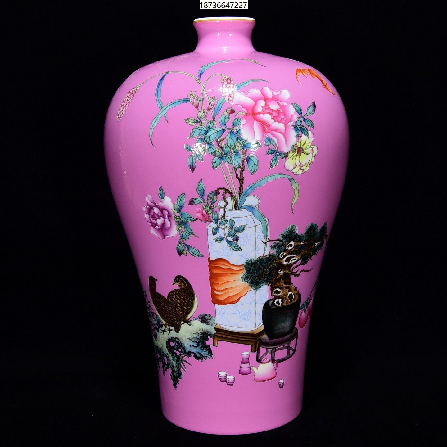 □清代 雍正禦制款 琺瑯彩描金花鳥紋 四方瓶□高さ22.2cm 直径13cm