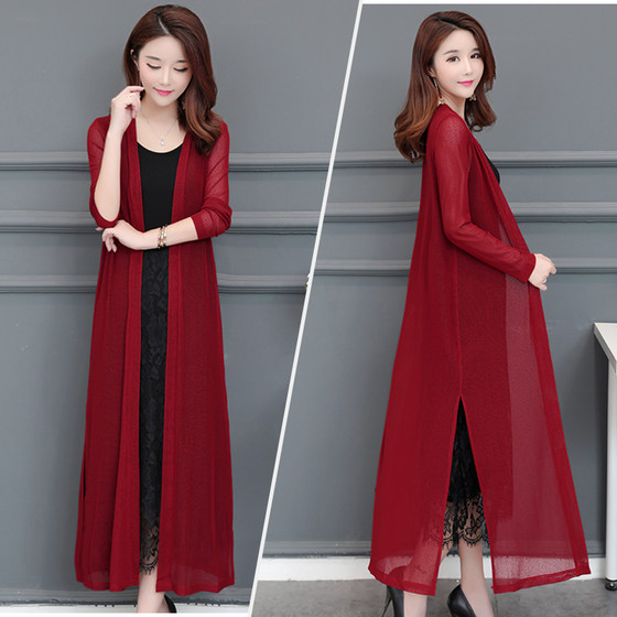 Spring and summer new style over-the-knee long-sleeved sun protection clothing, long cape, air-conditioning shirt, mesh cardigan, lace outer layer, thin coat