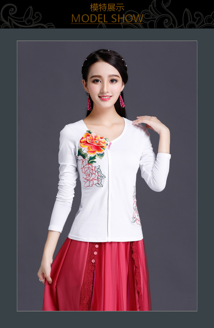 Áo thun nữ phong cách quốc gia cỡ lớn áo nữ thêu mùa thu mới dài tay chạm đáy áo kiểu thêu Trung Quốc áo thun mỏng áo thun nữ tay lỡ