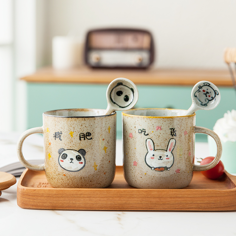 Yifang custom creative handmade rough pottery ceramic mug coffee cup with spoon cover couple gift panda couple cup