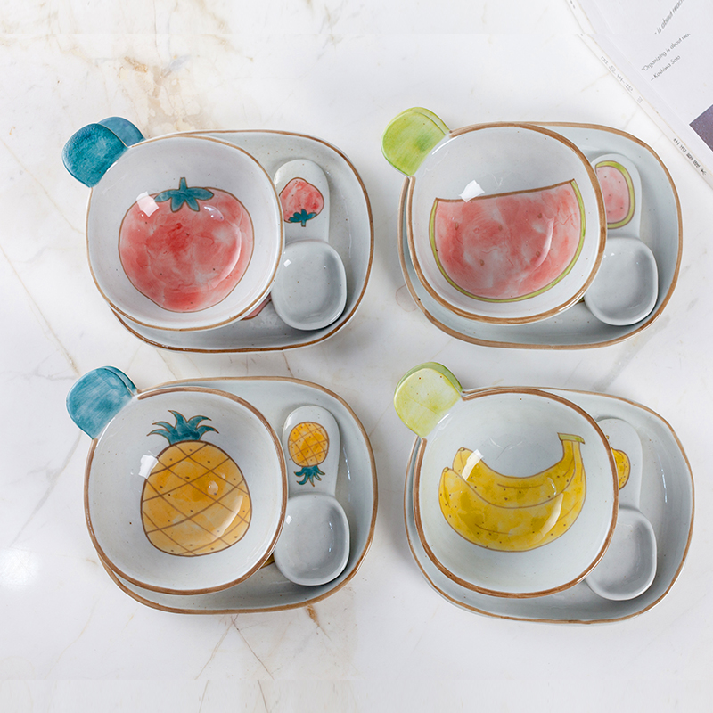 Fruit Bowl Creative Porcelain Handmade Tableware Set Bowl Japanese Bowl Spoon Instant Noodle Bowl Cute Dessert Strawberry Bowl