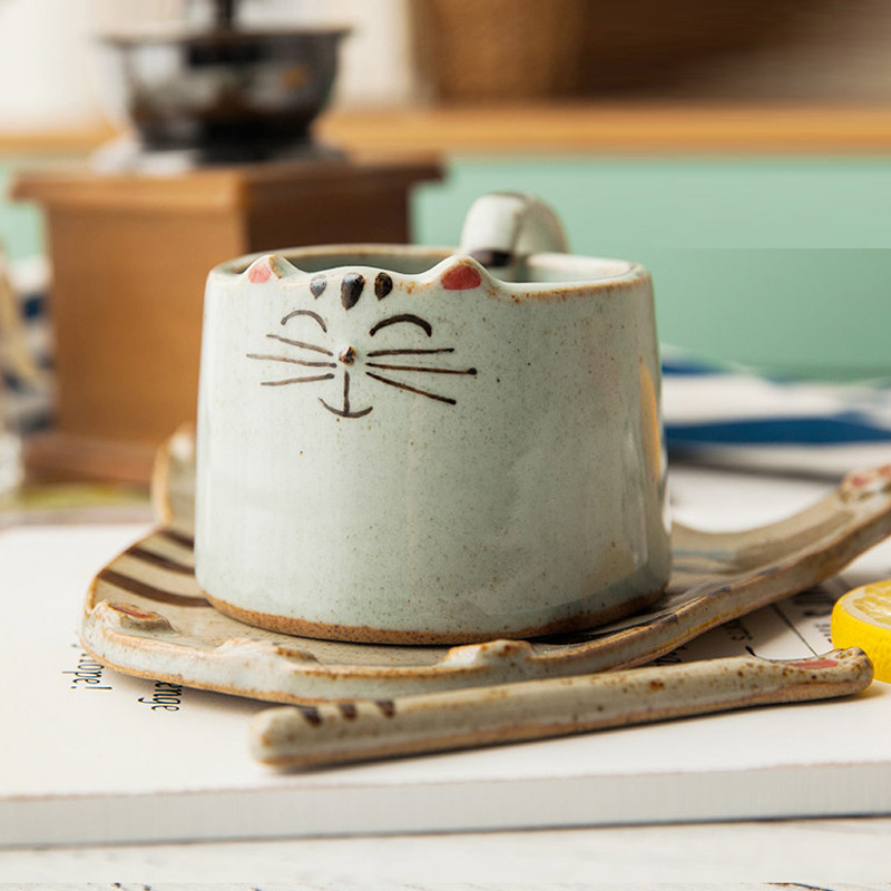 Custom Day Type Cute Cat Cummy Ceramic Cup Handmade Coffee Cup With Disc with Spoon Cartoon Fun Water Cup