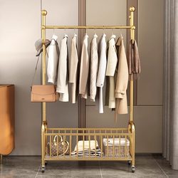Household Floor-Standing Clothes Rack, Bedroom Clothes Rack, Movable with Wheels, Living Room Trendy Light Luxury Clothes Drying Rack, Simple Coat Rack