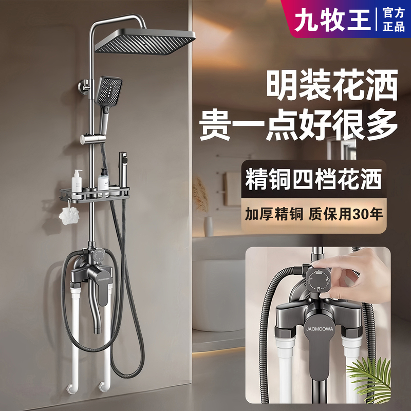 All-Copper Exposed Shower Set for Home Use, Pressurized Shower Head, Exposed Pipe and Connection, Complete Shower System