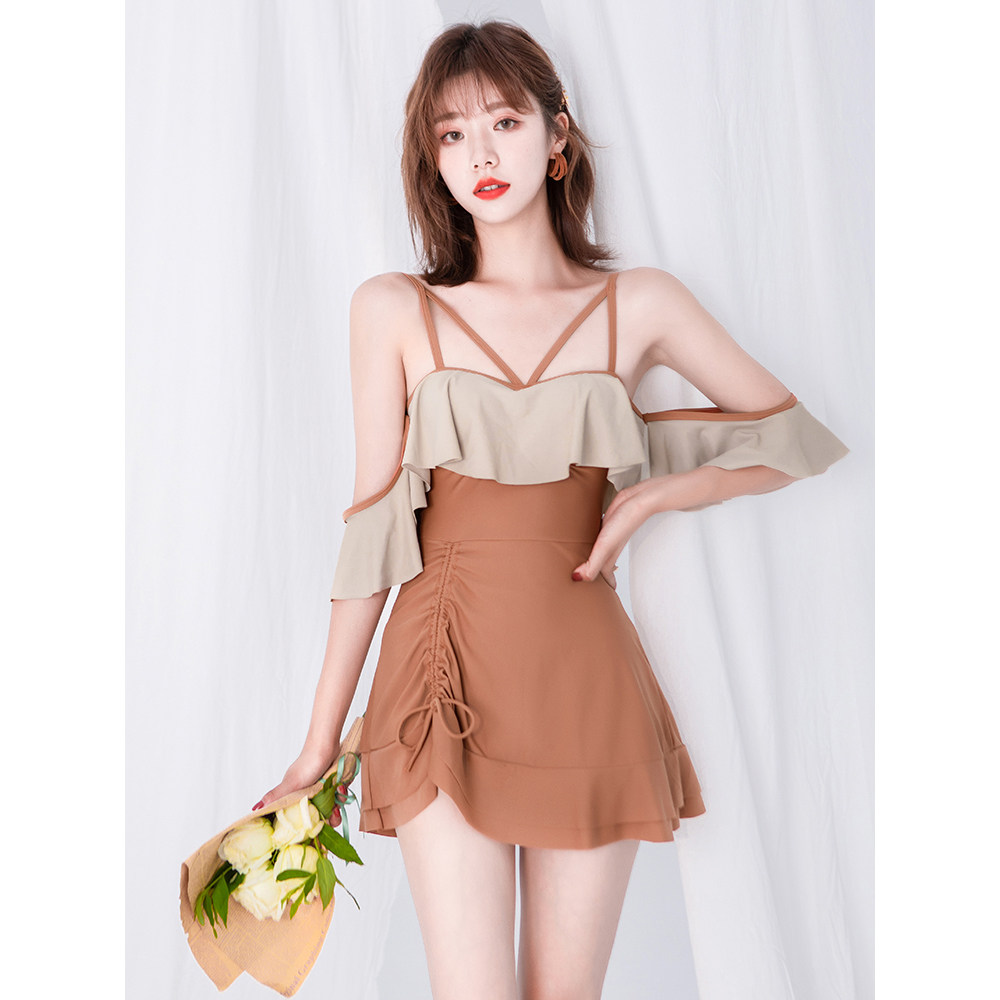 Waves bathing suit women small chest steel support gathered off the shoulder thin belly 2020 new one-piece student fairy ins Wind