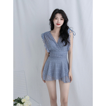 Body Wash Bathing Suit Woman Pure Desire Wind Blue Lace Advanced Sensation Sweet and small breasts to woo conservative one-piece swimsuit Bathing Hot Springs