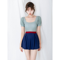 Mu Lang 2020 new swimsuit female Conservative short sleeve student hipster thin belly cover one-piece skirt flat angle les