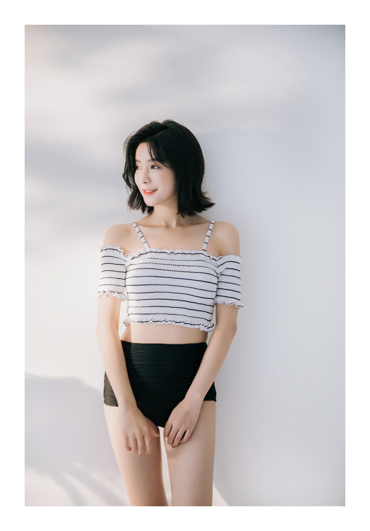 Áo tắm Hàn Quốc nữ bảo thủ chia nhỏ nước hoa tay áo ngắn eo cao là sinh viên mỏng bong bóng mùa xuân nóng bỏng vai áo tắm áo tắm 2 mảnh cạp cao