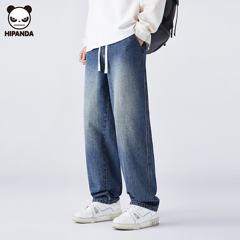 Hi Panda 春のホットなレトロブルーウォッシュドハイエンドジーンズメンズオールマッチストリートスタイルドローストリングパンツ