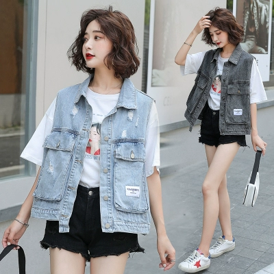 2021 mùa xuân và mùa thu mới của phụ nữ áo vest denim màu đỏ lưới phụ nữ công cụ Áo khoác vest vest không tay Hàn Quốc - Áo vest