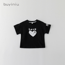 Childrens T-shirts girls Korean children foreign style black short-sleeved shirts girls summer love graffiti tops