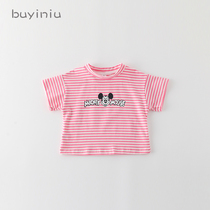Girls short-sleeved T-shirt cloth girl Summer Baby foreign-style striped coat Korean children cartoon Tide brand base shirt