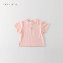 Childrens T-shirt cloth girl 2021 new childrens clothing girl foreign style bright powder short sleeve female baby love embroidery shirt