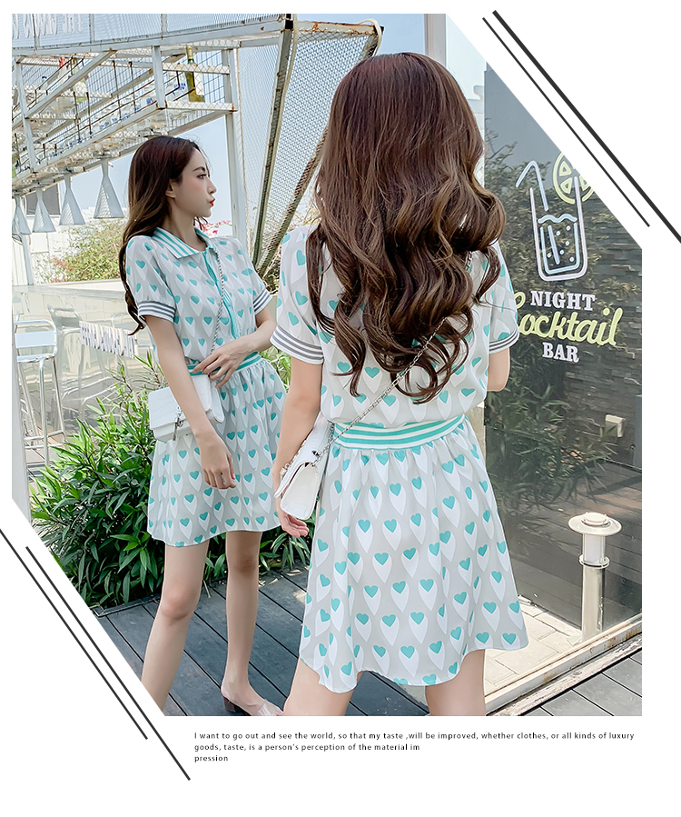 VK旗艦店 韓系愛心印花條紋洋氣時尚顯瘦套裝短袖裙裝