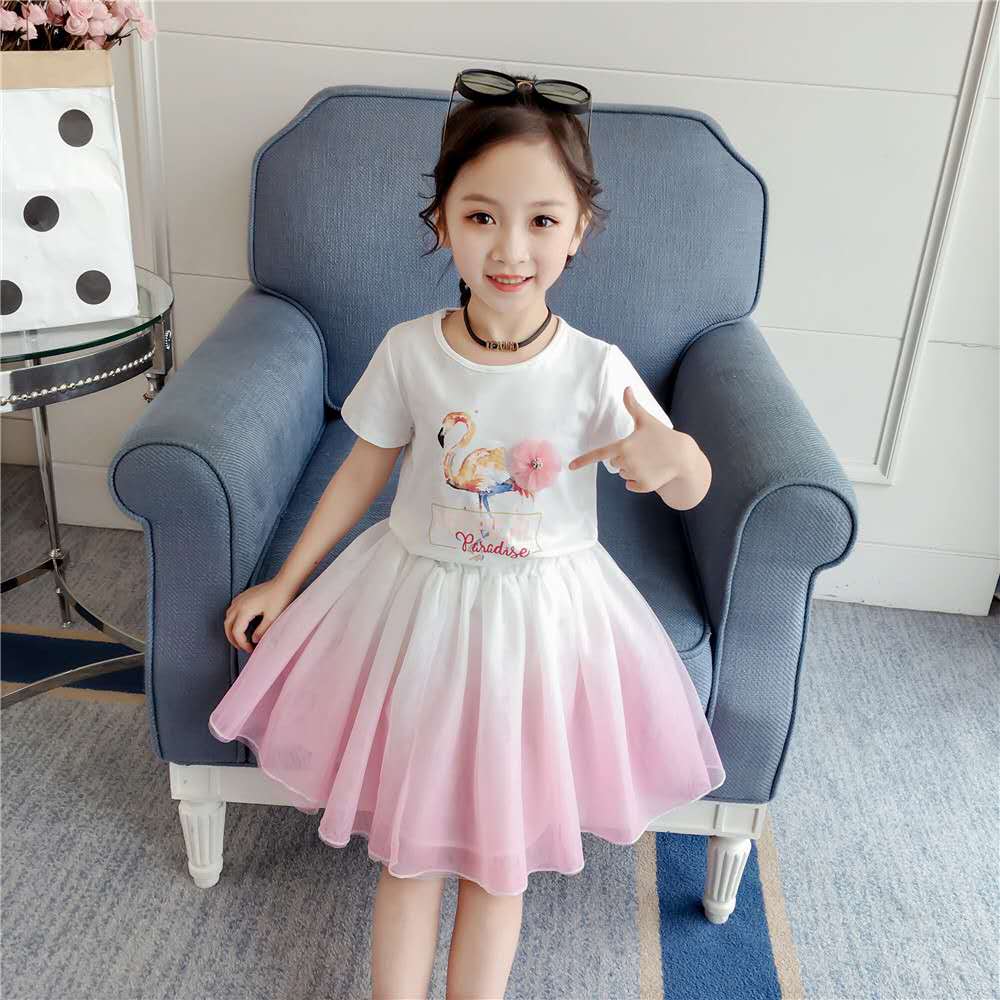 Xia Qing Daxijia brand children's clothing female middle child half sleeve T-shirt gradually colored soft yarn skirt set two pieces