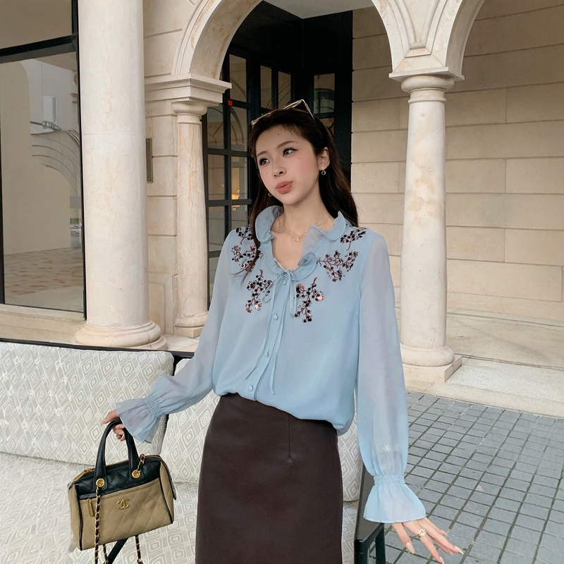 Shenzhen Nanyou European-Style Heavy Sequin Embroidery Ruffled Collar Long-Sleeve Shirt Autumn Style Tie Design Blue Top