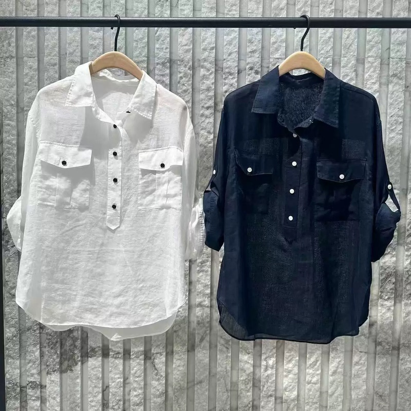 Authentic Shirt 2026 Summer New Product Lightweight Ramie Strap with Rolled Sleeves Workwear Pocket Loose Top Mbf2Top056