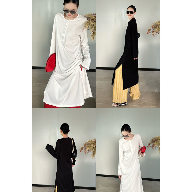 Ame Cotton Blend Dress with Slit at the Hem, Stylish and Simple Casual Long Dress with Flared Long Sleeves