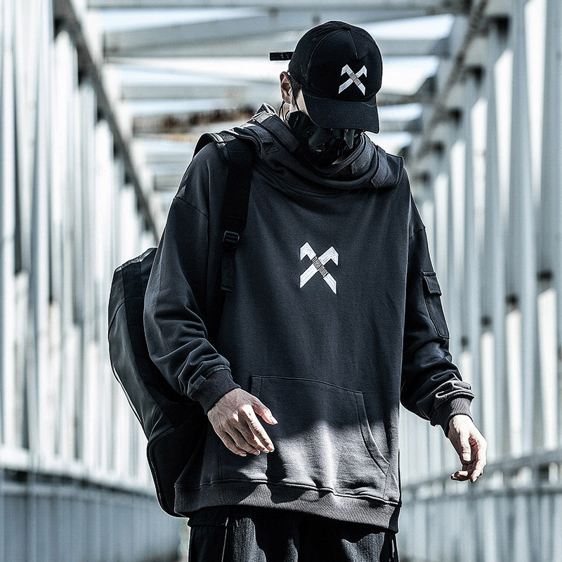 AOGZ National tide fish mouth sweater men's high collar hooded loose hip-hop top Tide brand ins functional wind tooling jacket