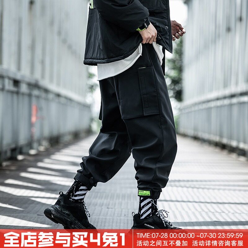 Xiaobin Guochao winter velvet overalls Men's loose hip-hop tide brand pants oblique pocket velcro drawstring pants tide