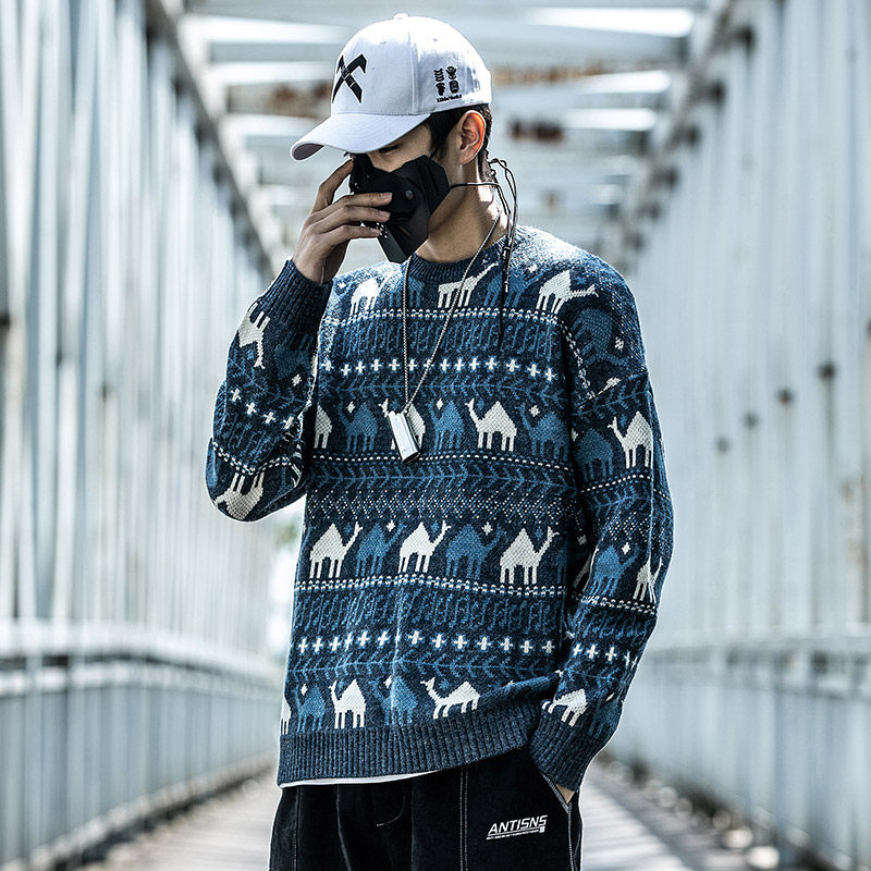 Xiaobin Guochao sweater men's autumn and winter loose Korean version of the trend of personalized clothes Jacquard round neck pullover sweater tide