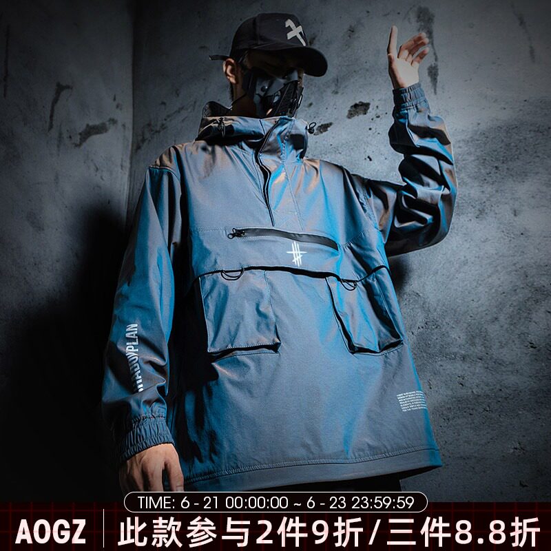 AOGZ popular logo reflective overalls men's INS spring and autumn couples jacket function wind half zipper assault jacket