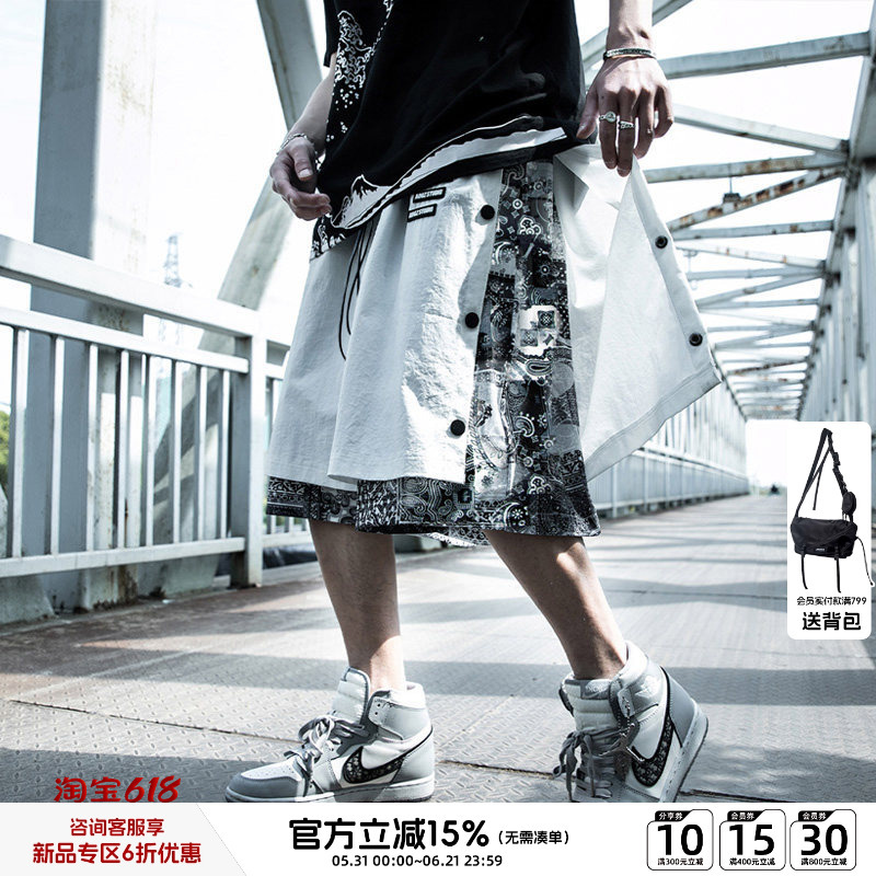 Aogz Summer Paisley Button-Up Five-Point Shorts for Men, Loose Fit, Plus Size, Trendy American Style, Fake Two-Piece Basketball Shorts