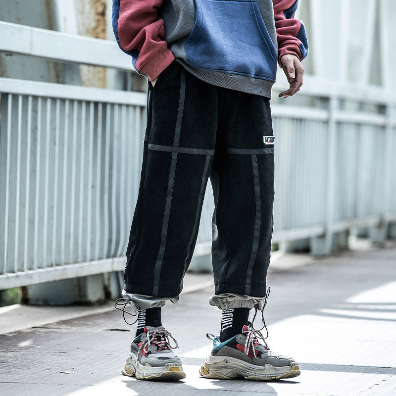 Xiaobin Guochao casual trousers men's autumn and winter trend wild loose cigarette tube pants sports stitching beam leg overalls