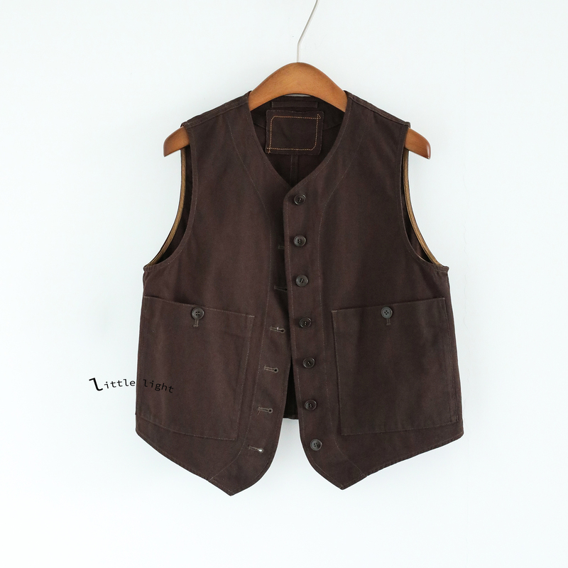 Japanese Retro Button-Down Vest, Coffee-Colored, Double Pockets, Unisex Cotton Vest