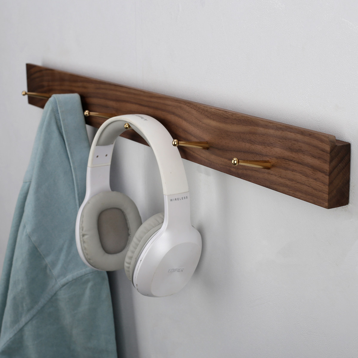 Punch-free brass coat hook Nordic wooden creative wall porch door rear wall hook walnut coat rack