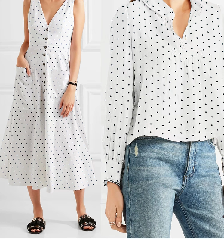 Thời trang ㏄ nhỏ đen trắng Polka Dot phiên bản thở của cổ điển lanh mùa hè áo sơ mi vải may mặc cao cấp - Vải vải tự làm
