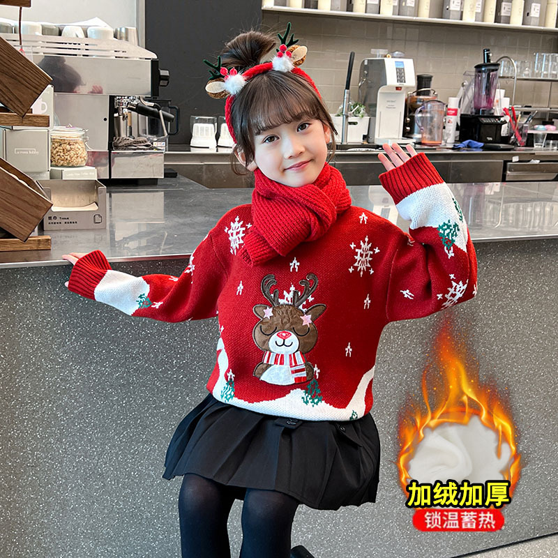 Girls' 2025 New Sweater, Little Girl's Red Christmas Reindeer Pattern, Fleece-Lined and Thickened, Can Be Worn as an Inner Layer or Outerwear, Big Kids' Knitwear