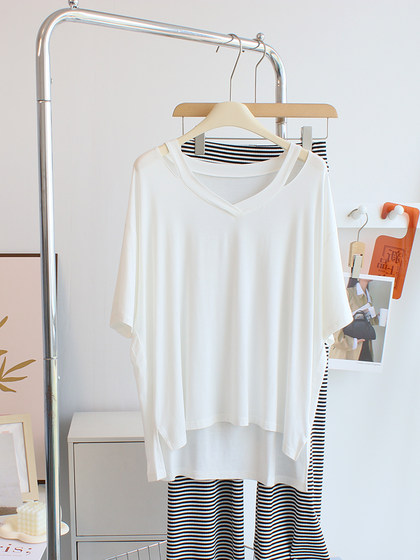 设计感~柔软V领莫代尔t恤女夏季薄款宽松短袖体恤衫开叉运动上衣