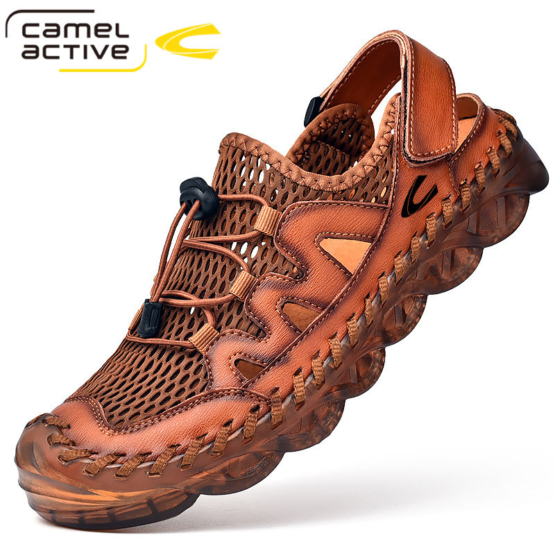 German camel dynamic new summer leather men's sandals Baotou mesh soft bottom sports beach sandals men's tide