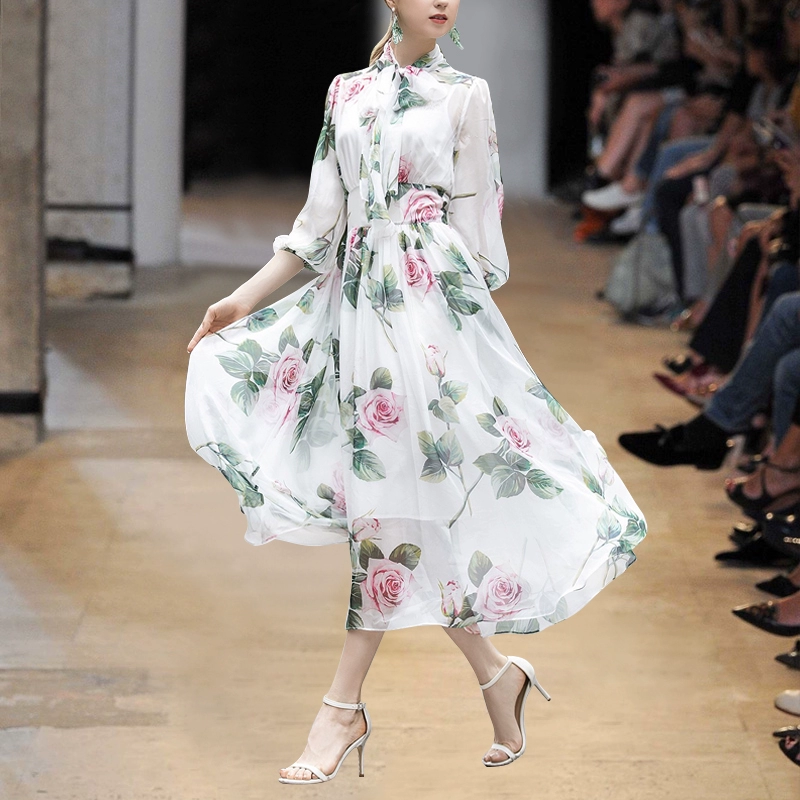 Shannika Womens 2021 New Ren-up Butterfly Collar Cao Eo mỏng Rose In Big Swing Long Dress - Váy eo cao