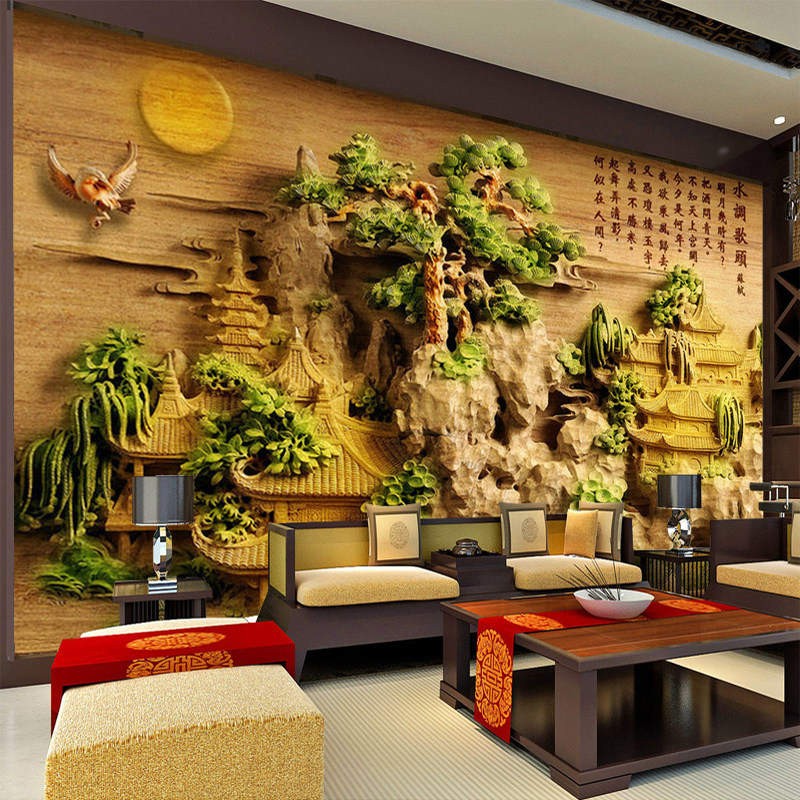 5d Embossed Landscape Tv Background Wallpaper Retro Chinese Style