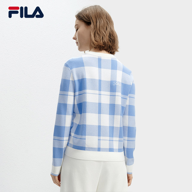 FILA Official Women's Knitted Sweater 2024 Spring New Fashion Casual Checkered Pattern Pullover Sweater