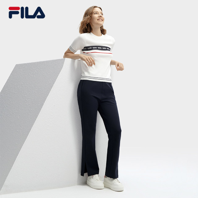 FILA Official Women's Knitted Sweater 2024 Spring New Fashion Simple Basic Round Neck Casual Short Sleeve