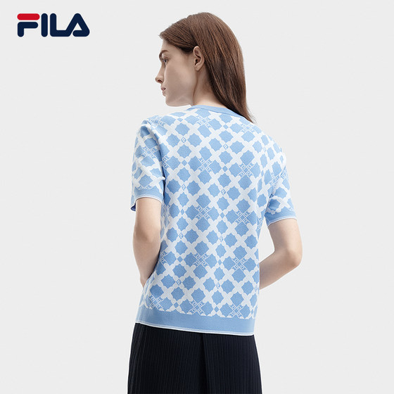 FILA official women's knitted sweater 2024 summer new fashion casual all-over printed basic short-sleeved top