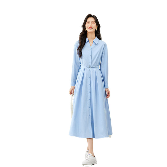 Fanximan Blue Commuting Temperament Lapel Dress Women's 2024 Spring New Versatile Waist Shirt Skirt