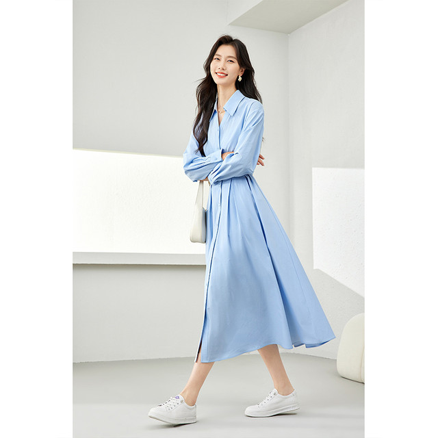 Fanximan Blue Commuting Temperament Lapel Dress Women's 2024 Spring New Versatile Waist Shirt Skirt