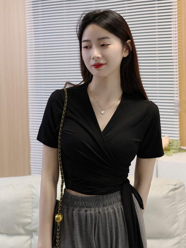Finery Modal T-Shirt Cross-Over Sexy Hot Girl Tie-Up Midriff-Baring Short One-Piece V-Neck Base Shirt Top for Women Finery Modal T-Shirt Cross-Over Sexy Hot Girl Tie-Up Midriff-Baring Short One-Piece V-Neck Base Shirt Top for Women