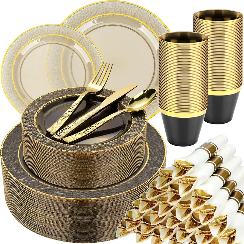 7.5, 10.25inch Hard Plastic Transparent Satin Gold-Edged Plates with Water Ripple Pattern, Dessert Plates for Parties and Events
