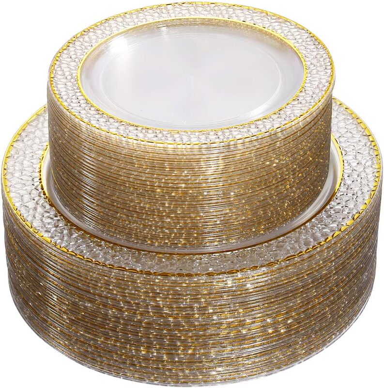 7.5, 10.25inch Hard Plastic Transparent Satin Gold-Edged Plates with Water Ripple Pattern, Dessert Plates for Parties and Events