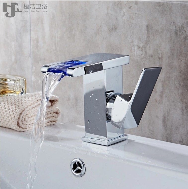 Copper basin under the basin cold and hot single hole dragon waterfall water bathroom faucet LED toilet hydroelectric faucet