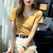 Square collar French style Ice Silk Dont make blouses Women Summer 2022 New knitted short sleeve collarbone to fix a short T-shirt