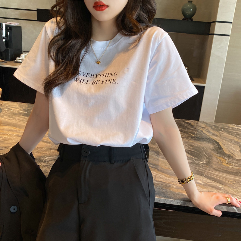 Short sleeves T-shirt Women in summer slim fit Chains 2022 new pure cotton whipped bottom white half sleeve blouse loose T-shirt