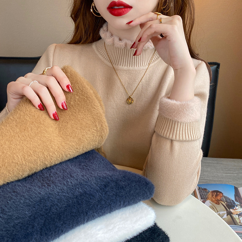 Gush thickened half high collar external wearing sweater 2022 autumn and winter new integrated suede sleeve head warm inside a base shirt