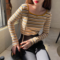 Rainbow Striped Long Sleeve T-Shirt Woman 2022 Fall new workout undershirt with 100 hitch short square collar blouse